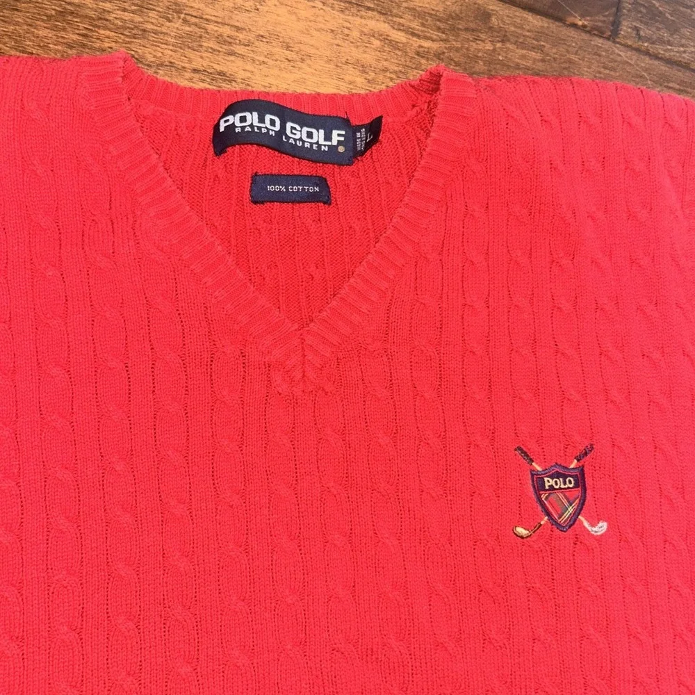 Vintage Polo Ralph Lauren Vest Mens L Red Crest‎ Cable Knit Cotton Preppy V Neck